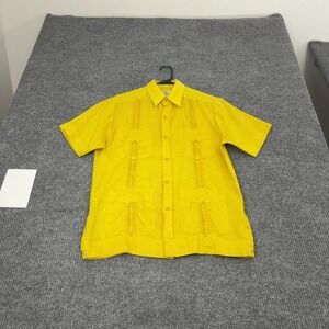 Mojito Guayabera Shirt Mens S Yellow Linen Short Sleeve Pintuck Casual Tropical